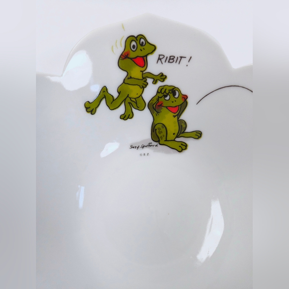 Suzy's Zoo Enesco Set Of 2 Vintage 70s Ceramic White Green Frog Lotus Bowls - Picture 4 of 14